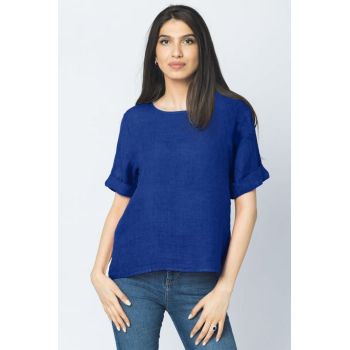 Bluza din in albastru electric cu nasturi pe spate