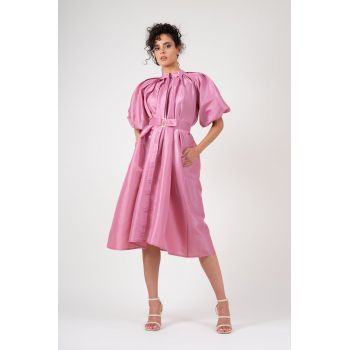 Rochie cu maneca raglan si fronseuri roz pastel