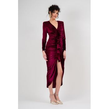 Rochie din catifea burgundy cu volan