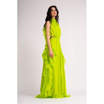 Rochie maxi din voal verde neon cu insertii metalice