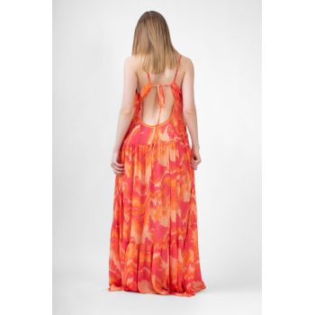 Rochie maxi portocalie din print abstract