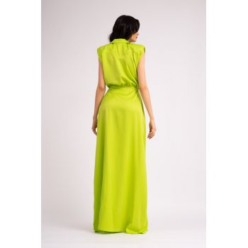 Rochie maxi verde neon cu umeri supradimensionati si crapatura pe picior