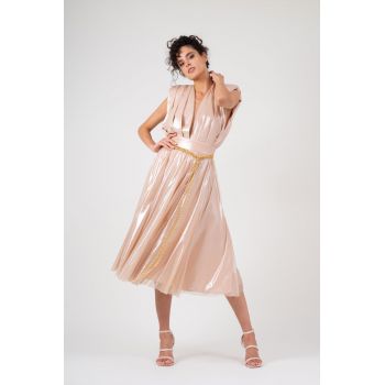 Rochie midi cu bust drapat din tesatura cu patina metalica