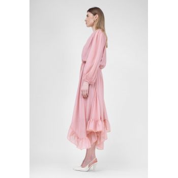Rochie midi cu clini din voal printat roz