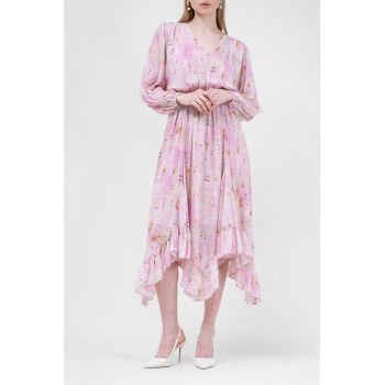 Rochie midi cu clini din voal printat roz