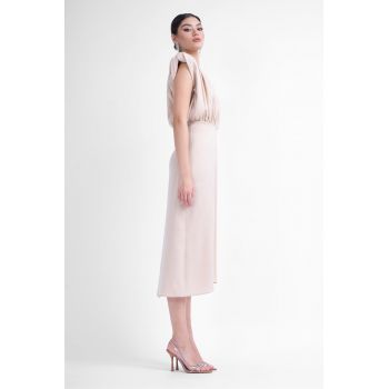 Rochie midi ivoire cu insertii aurii si bust drapat in V