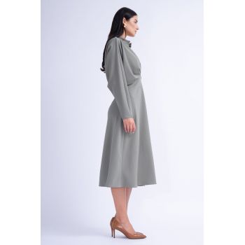 Rochie Midi Khaki cu Bust Drapat si Nasturi
