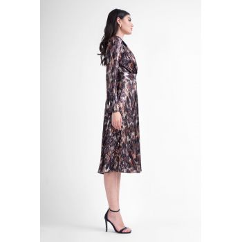 Rochie midi laminata cu imprimeu si pliuri