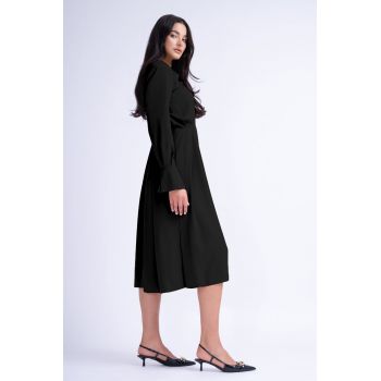 Rochie midi neagra cu inel si pliuri