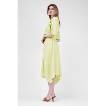 Rochie midi neon din in cu bust drapat si curea