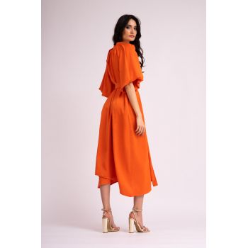 Rochie midi portocalie cu maneca raglan si fronseuri