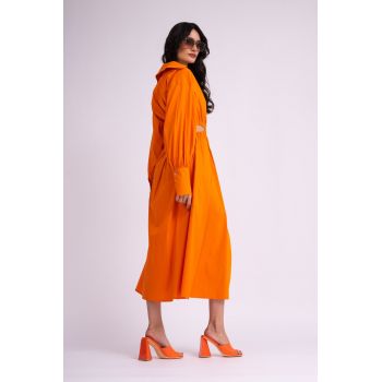 Rochie midi portocalie tip camasa cu cut-out in zona taliei