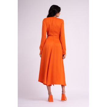 Rochie midi portocaliu neon cu esarfe si pliuri