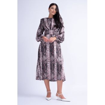 Rochie Midi Snake Print cu Umeri Proeminenti si Pliuri