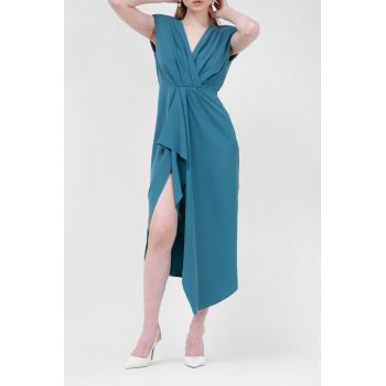 Rochie midi turcoaz cu drapaje si pliuri