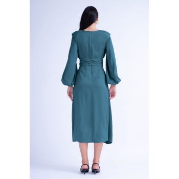 Rochie Midi Turcoaz cu Umeri Proeminenti si Pliuri
