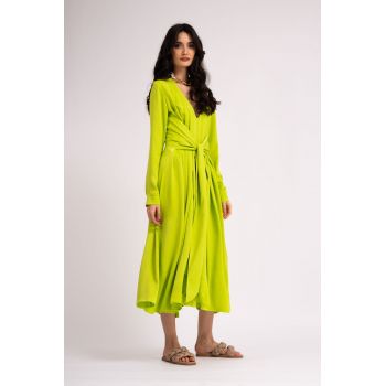 Rochie midi verde neon cu esarfe si pliuri