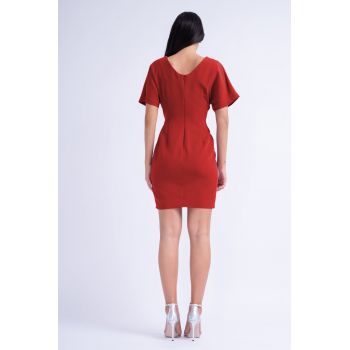 Rochie mini rosie cu pliuri si decolteu in V