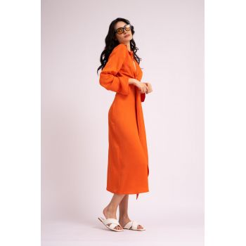 Rochie portocaliu neon cu maneca lunga si nod