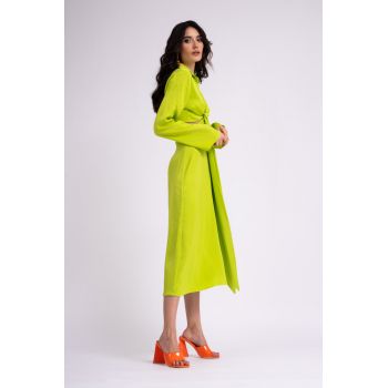 Rochie verde neon cu maneca lunga si nod