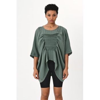 Bluza verde oversize din tencel cu pliseuri pe fata