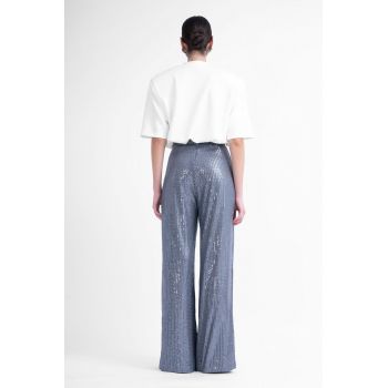 Pantaloni gri wide leg cu talie inalta din paiete