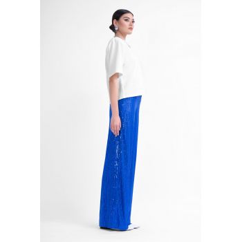 Pantaloni wide leg cu talie inalta din paiete albastru electric