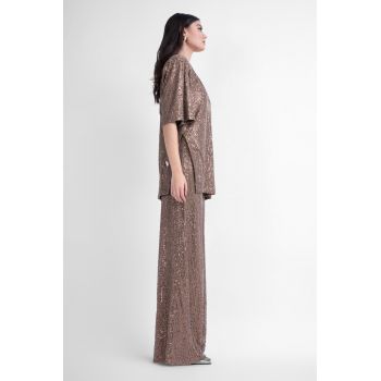 Pantaloni wide leg cu talie inalta din paiete maro