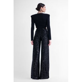 Pantaloni wide leg cu talie inalta din paiete negre