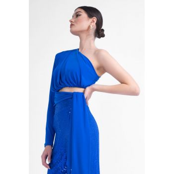 Top albastru asimetric cu esarfa