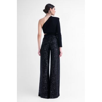 Top negru asimetric cu esarfa