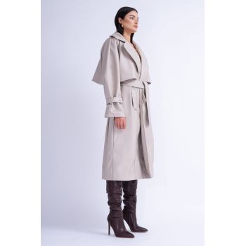 Trench din Piele Bej cu Maneca Raglan si Cordon