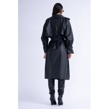 Trench din Piele Neagra cu Maneca Raglan si Cordon