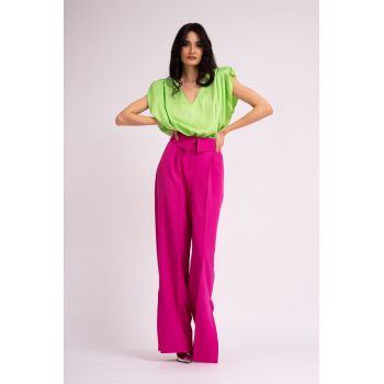 Pantaloni wide leg roz neon cu betelie intoarsa
