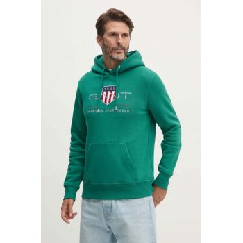 Gant bluza barbati, culoarea verde, cu glugă, cu imprimeu