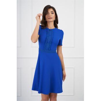 Rochie DY Fashion albastra cu volan si nasturi pe bust ieftina la reducere
