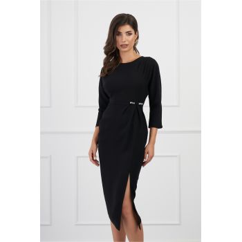 Rochie Kathy neagra conica office cu accesoriu in talie ieftina la reducere