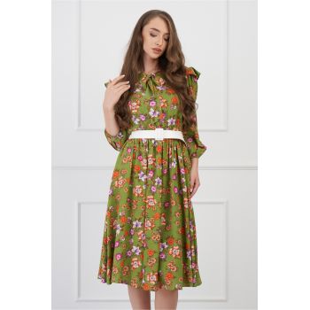 Rochie DY Fashion verde cu imprimeu floral orange si curea in talie ieftina la reducere