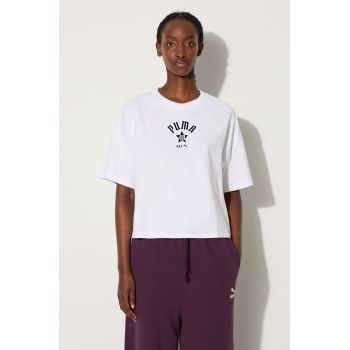 Puma tricou din bumbac Classics Play Paris Relaxed Tee femei, culoarea alb, 626808