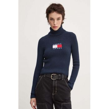 Tommy Jeans pulover din amestec de lana femei, culoarea albastru marin, cu guler, DW0DW18678 ieftin