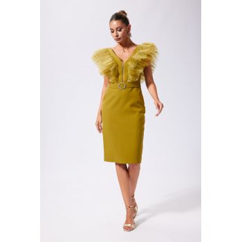 Rochie eleganta din crepe cu volanase din tull Yamada Olive