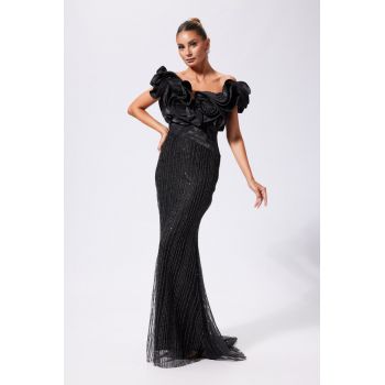 Rochie de ocazie premium din tull cu glitter si volane Chanter Neagra