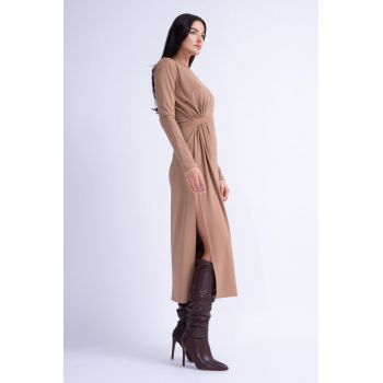 Rochie Midi Camel cu Nod Lateral