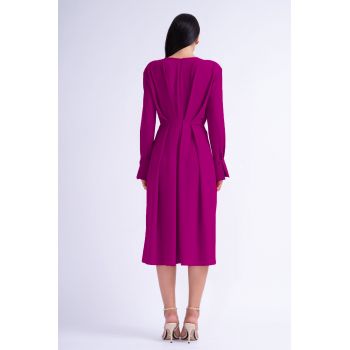 Rochie midi fuchsia cu inel si pliuri