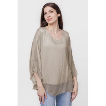 Bluza din matase naturala cu maneca evazata si dublura, bej inchis
