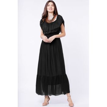 Rochie lunga, neagra, din matase naturala, cu volan pe umeri