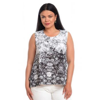 888140593-Bluza Dama fara Maneci Alb Negru cu Imprimeu Floral