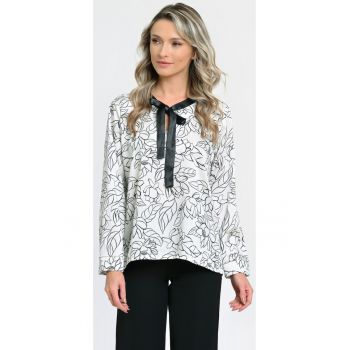 888144263-Bluza Dama cu Funda Subtire - Alb-Negru cu Imprimeu