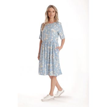 Rochie Medie Dama V272 - Bleu cu flori albe