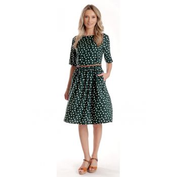 Rochie Medie Dama V273 - Verde inchis cu buline albe